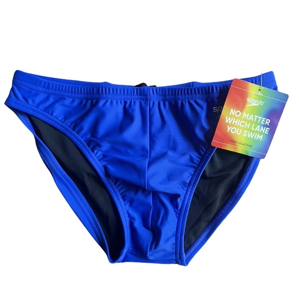 Speedo Mens Pride Collection Swim Brief True Cobalt Blue Rainbow Logo SZ 34 NEW